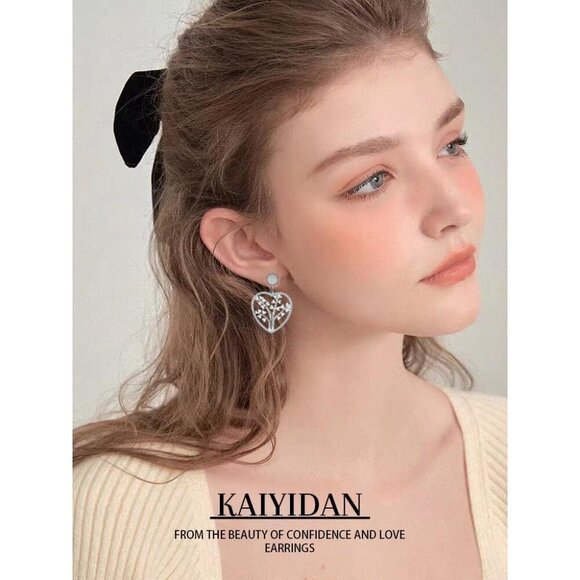 Silver Tree life Heart Statement Vintage Long Summer Earring for Women Jewelry - Picture 2 of 9